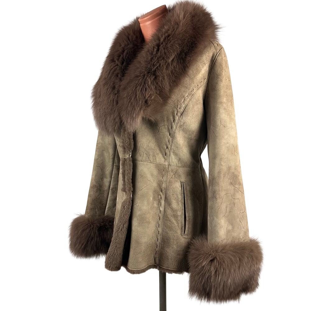 Y2K Shearling Sheepskin Penny lane Fur Leather Coat Blue Fox Trim S-M